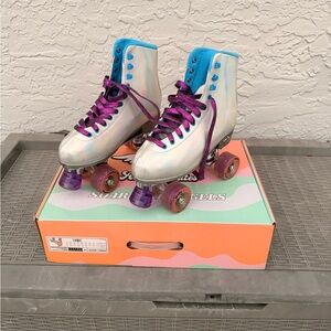 Iridescent Roller Skates with Purple Laces